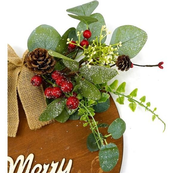 Round Wooden Merry Christmas Wreath with Accents - Picture 4 of 6